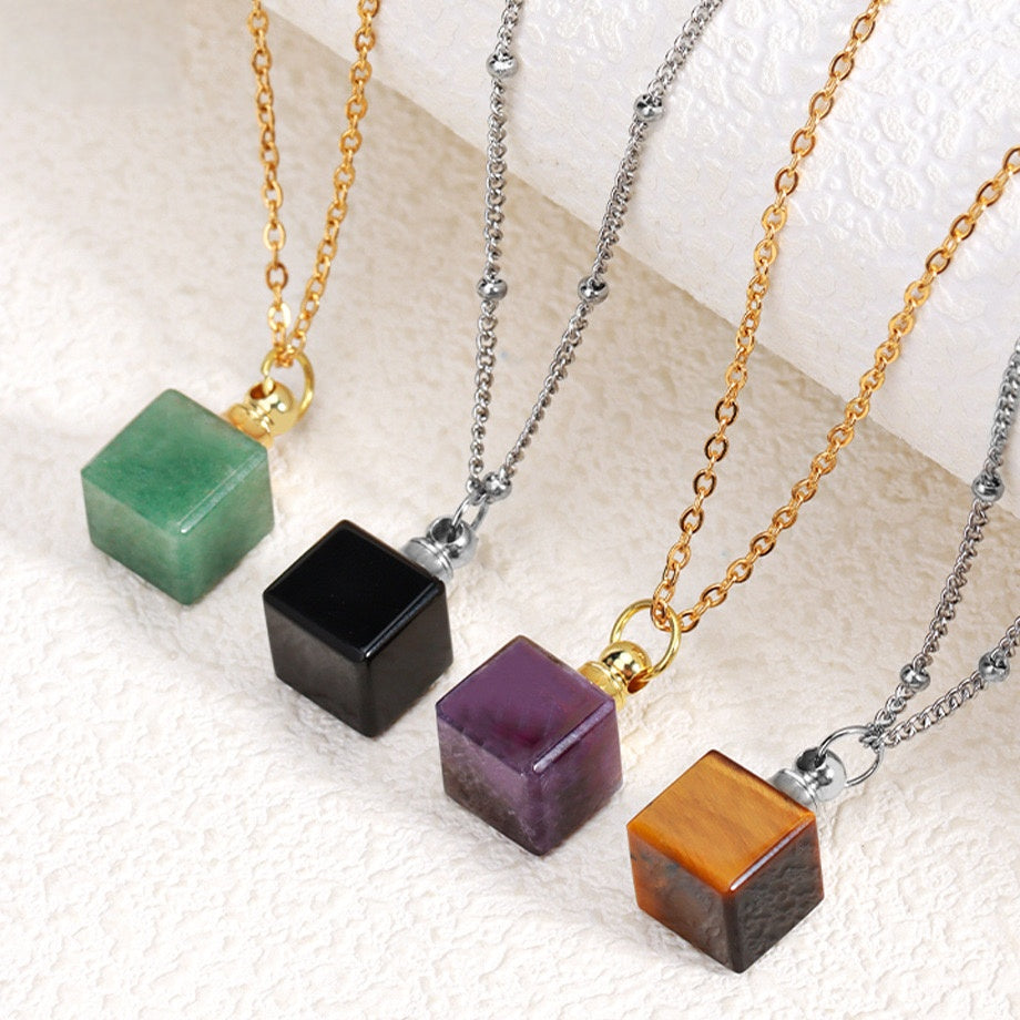 Crystal Cube Perfume Bottle Pendant Necklace