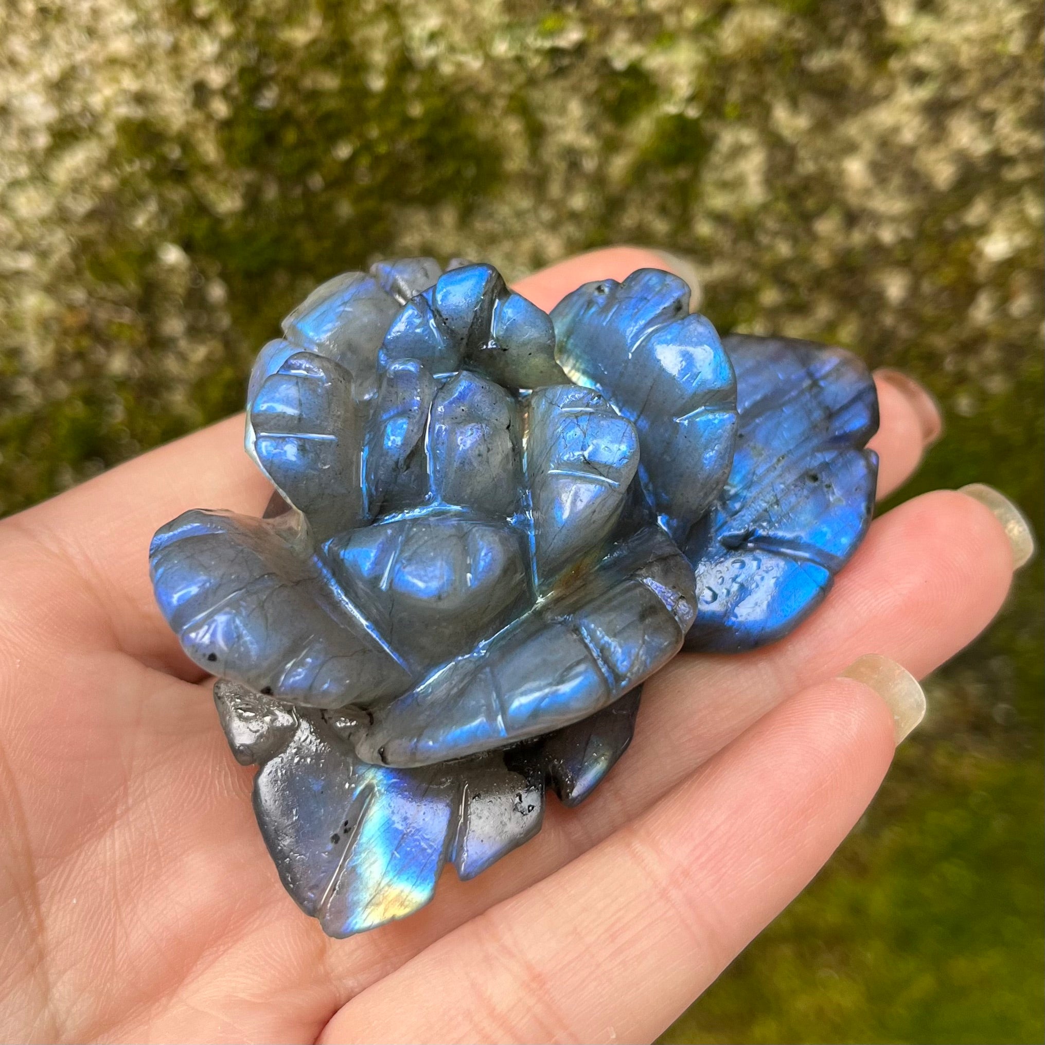 Labradorite Hand Carved Flower Carving(stand inluded)