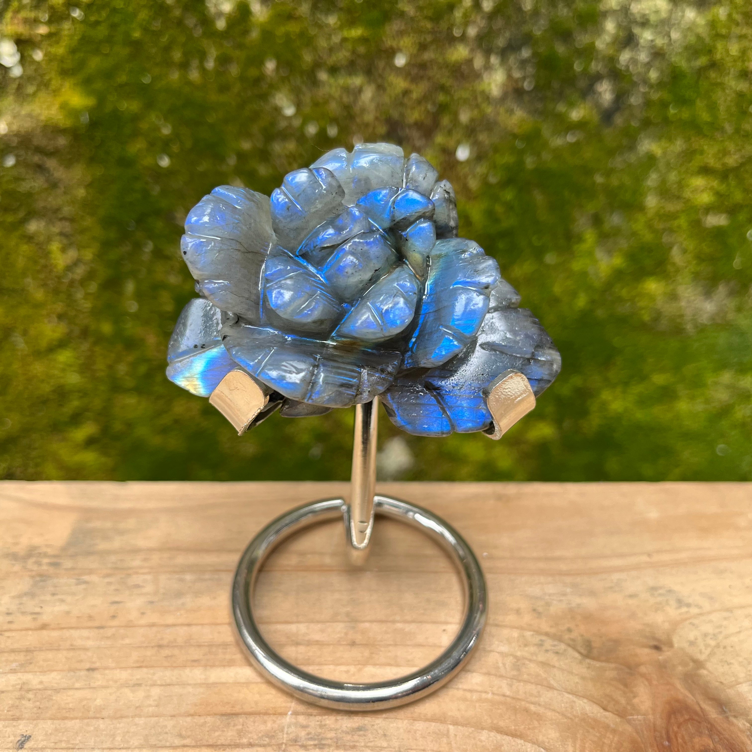 Labradorite Hand Carved Flower Carving(stand inluded)