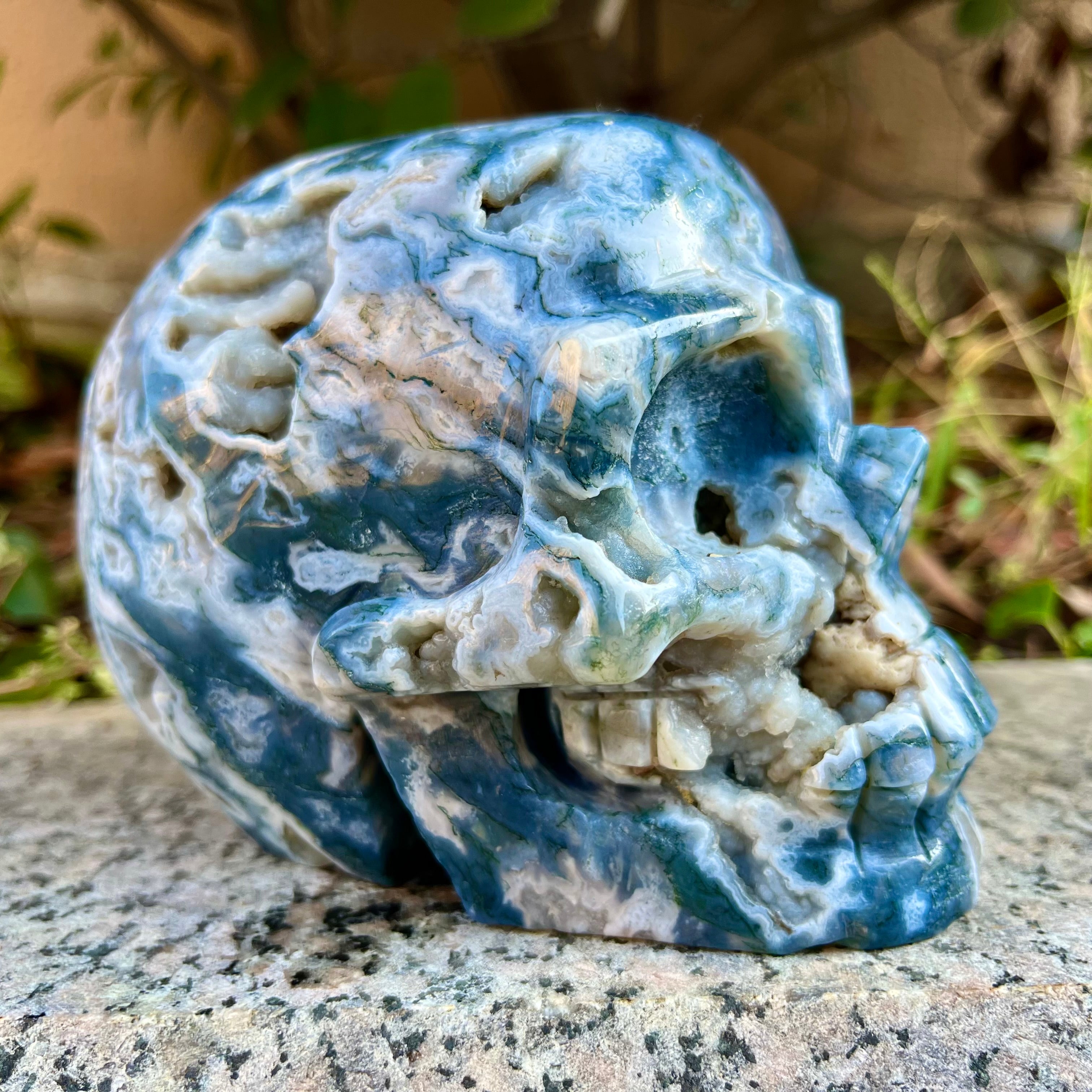 Natural Moss Agate Skull Carving