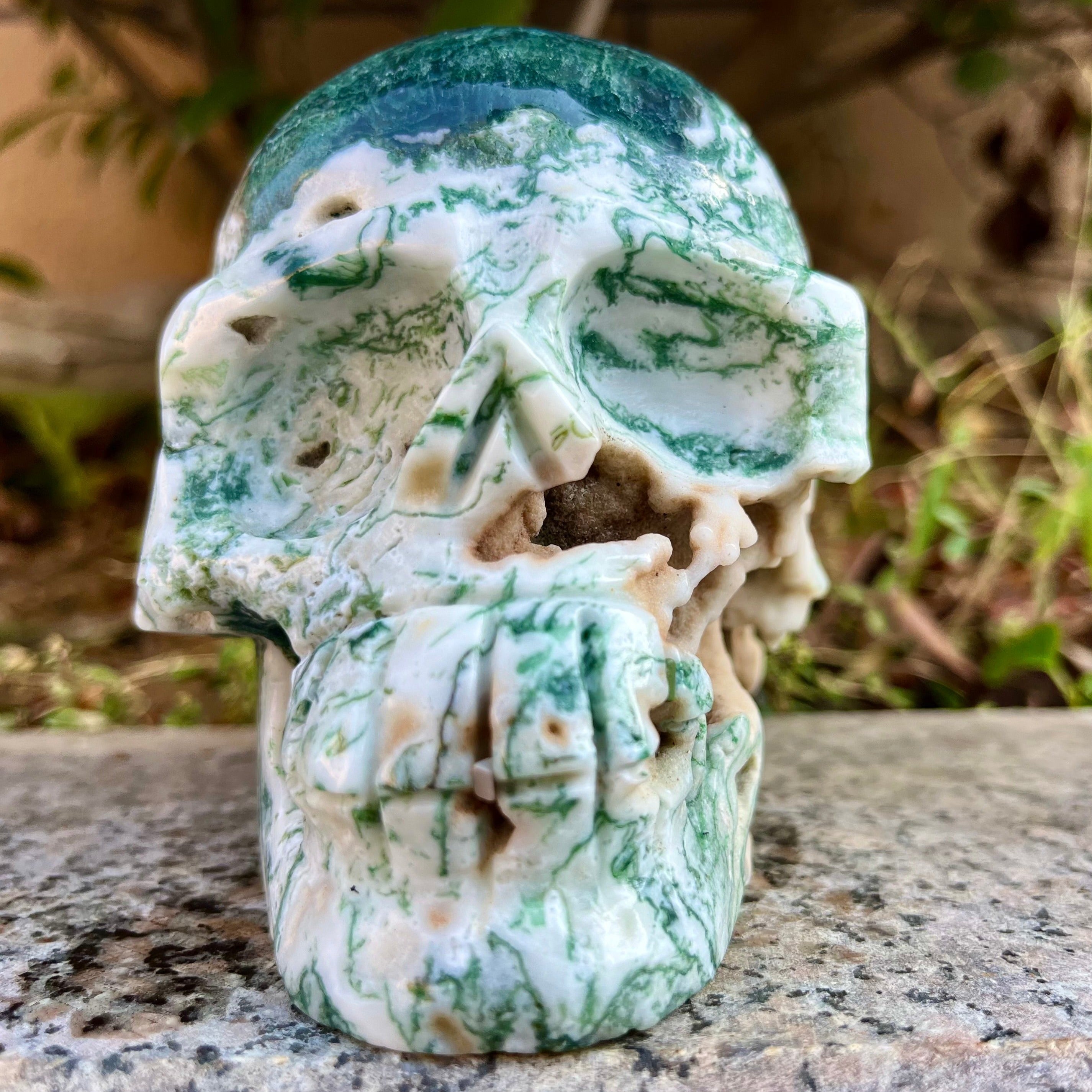 Natural Moss Agate Skull Carving