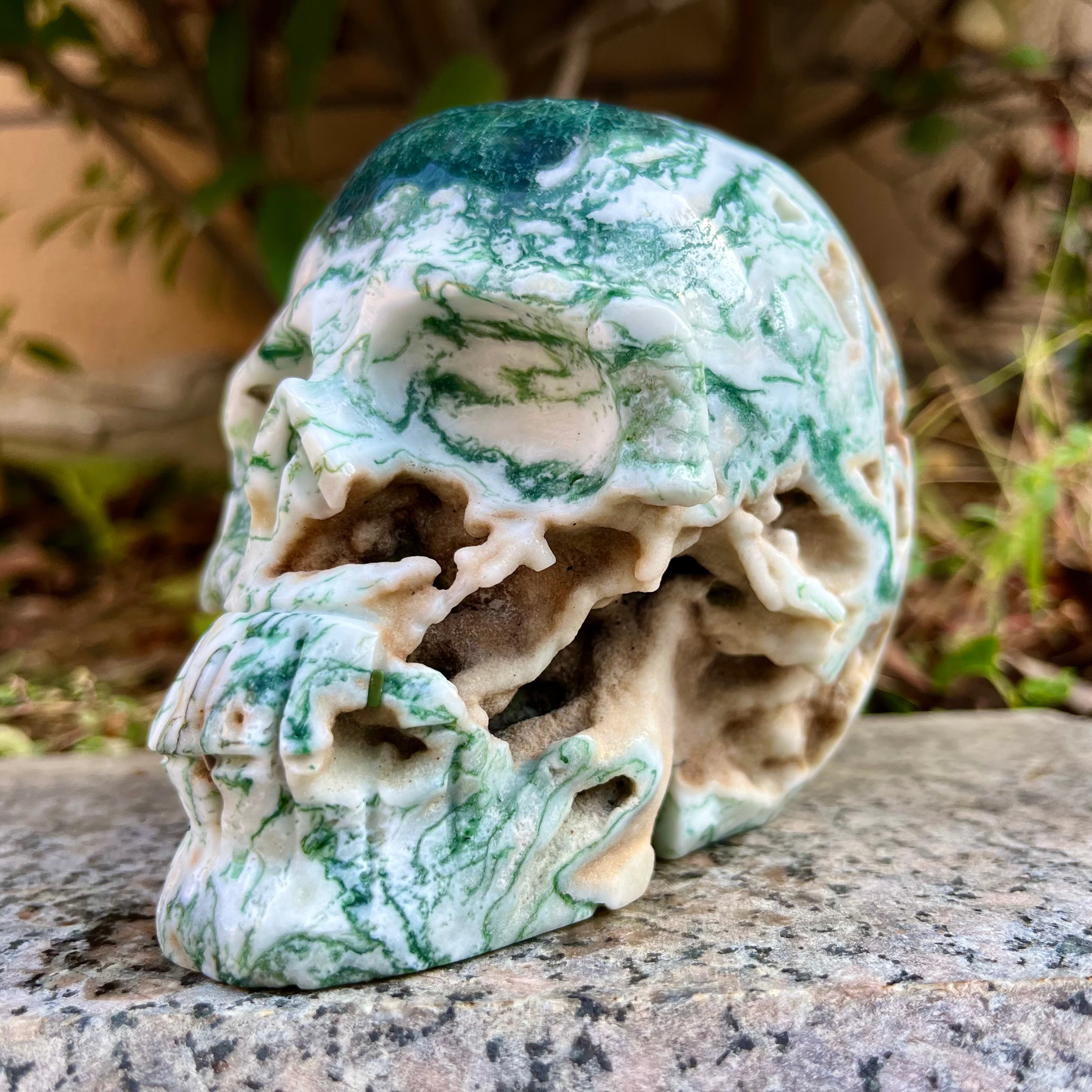 Natural Moss Agate Skull Carving