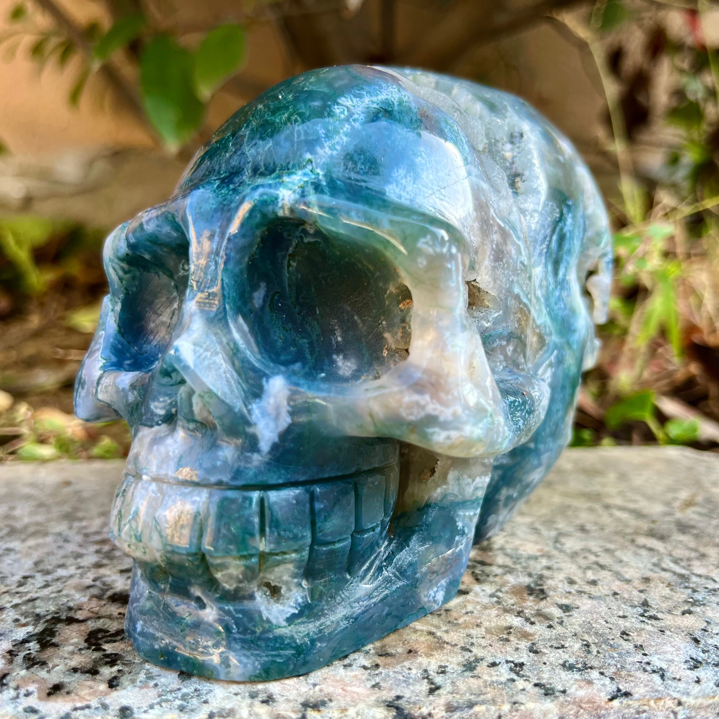 Natural Moss Agate Skull Skeleton Carving